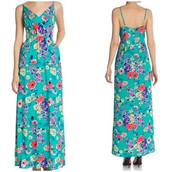Yumi Kim Cleo Abstract Floral Maxi Dress Size Small Green Spaghetti Strap Pocket - Picture 1 of 11